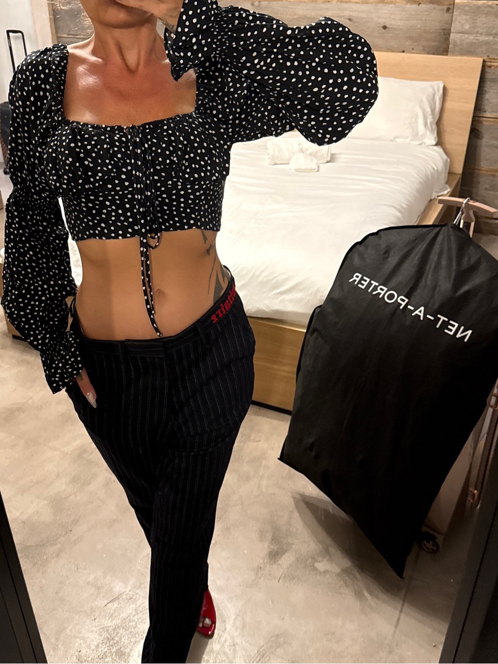 The Sang Black Polka Dot Zip-Front Puff Sleeve Crop Top